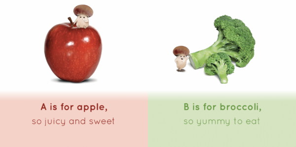 A is for apple, so juicy and sweet. B is for broccoli, so yummy to eat